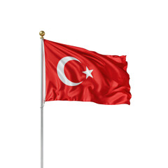 Turkish flag waving on flagpole against white background  