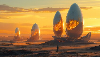 Concept art of large egg-shaped buildings on the surface of Mars, with golden hour lighting