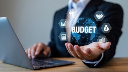 Global Budget Management: A business professional holding a glowing world globe with "BUDGET" and financial icons, illustrating strategic financial planning and international resource allocation