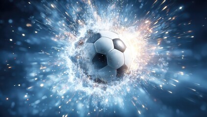 Naklejka premium A soccer ball explodes in a burst of white-hot energy, surrounded by glowing blue sparks against a dark background. The image is dynamic and energetic