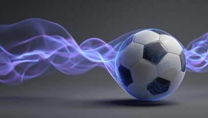 A soccer ball seemingly floats amidst ethereal, swirling blue and purple energy streams against a neutral gray backdrop
