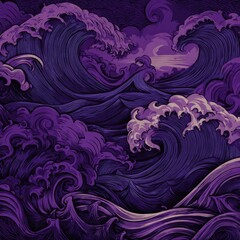 A stylized depiction of powerful, deep purple ocean waves crashing, creating a dramatic and textured seascape under a muted, pale sky