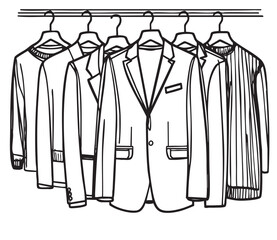 Hand drawn illustration of hanger rack. Clothes on hangers, sketch jacket