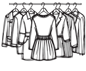 Hand drawn wardrobe sketch. Clothes on the hangers, dress