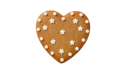 Heartshaped gingerbread cookie with star and dot icing on isolated background