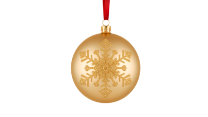 Elegant gold christmas ornament with intricate snowflake design on red ribbon