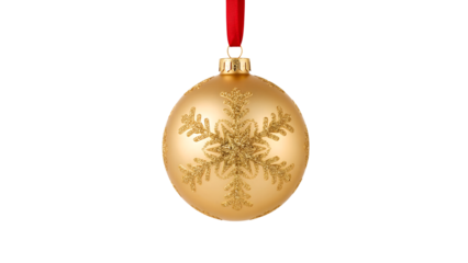 Golden christmas ornament with intricate glitter snowflake design and red ribbon