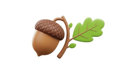 A 3D-rendered illustration of an acorn with its cap, attached to a slender stem with a green leaf and small buds, against a white background