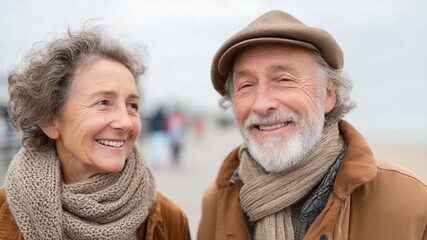 Happy Couple's Coastal Stroll: A joyful senior couple embraces a moment of bliss by the ocean, sharing warm smiles and cherishing their bond amidst a scenic coastal backdrop. - Powered by Adobe