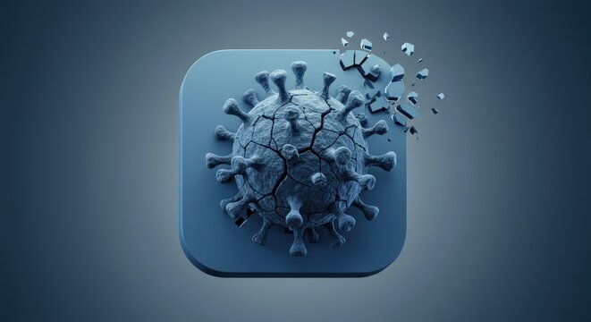 A 3D rendering features a stylized, cracked virus within a rounded square. Pieces break off from the right, suggesting destruction. Background is a gradient
