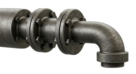 A close-up shot reveals industrial metal pipes with flanges and a curved elbow, all with a weathered, textured finish.  The background is white