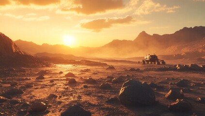 Mars rover, the Martian surface, rocks and dust in the background, a beautiful sky, realistic, cinematic