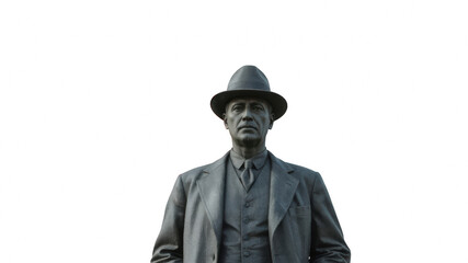 Bronze statue of man in hat standing against a white background  