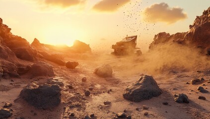 Mars rover, the Martian surface, rocks and dust in the background, a beautiful sky, realistic, cinematic