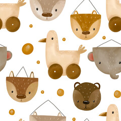 Fuuny forest aniamls, Duck toy seamless pattern. Geese endless hand drawn background