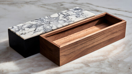 Fototapeta premium Minimalist Black and Brown Wooden Folding Box on Marble Riser