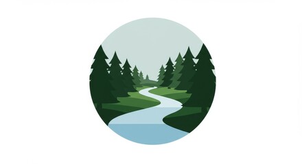 Serene landscape illustration featuring a winding river flowing through a dense evergreen forest, set within a circular frame.