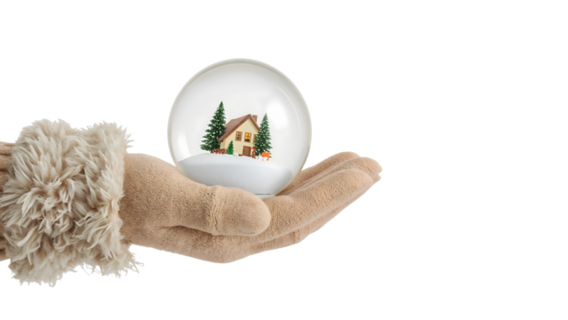 Cozy winter scene in snow globe held by gloved hand on isolated background