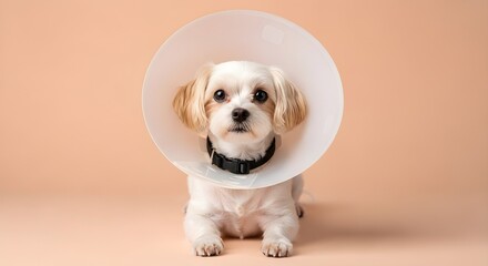 Small white dog wearing an Elizabethan collar lies on a peach background, a pet recovering after a surgery at home, veterinary care.