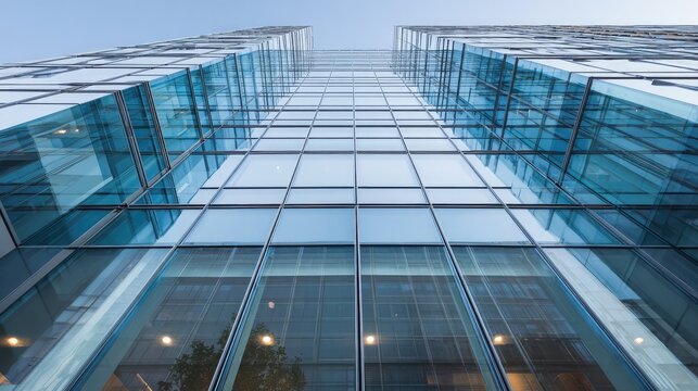 Modern glass office tower with clean lines in a business district, symbolizing professionalism and urban sophistication.