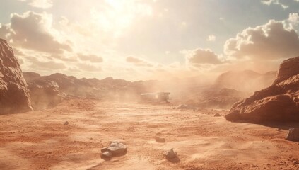 Mars rover, the Martian surface, rocks and dust in the background, a beautiful sky, realistic, cinematic