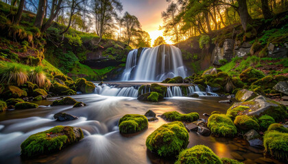 Obraz premium Emerald Cascade Beneath Sunrise Glow