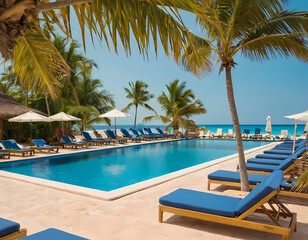 Obraz premium panoramic holiday landscape luxury beach poolside resort hotel swimming pool beach chairs beds umbrellas palm trees relax lifestyle blue sunny sky summer island seaside leisure travel vacation