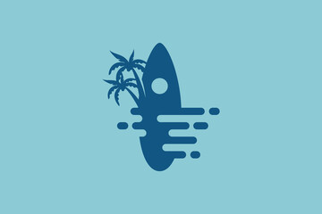 A simple surf logo with a silhouette surfboard , palm trees, and sun. It's great for clubs, shops, merchandise, etc.
