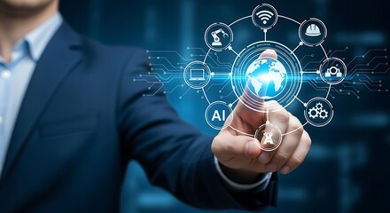 A businessman touching a digital screen displaying ai and global network icons, representing future technology and innovation