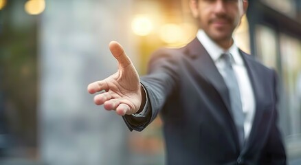 An image of a businessman's outstretched palm, suitable for corporate business cooperation promotional posters, PPT opening pages, workplace training illustrations, and recruitment pages.