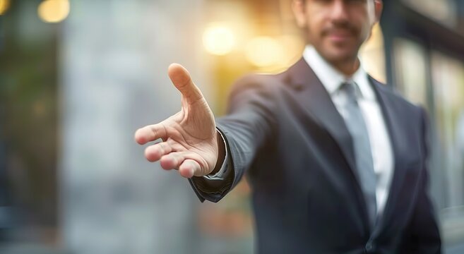 An image of a businessman's outstretched palm, suitable for corporate business cooperation promotional posters, PPT opening pages, workplace training illustrations, and recruitment pages.