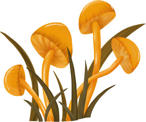 Vibrant yellow mushrooms grow among lush green grass in a sunny forest setting