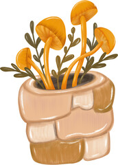 Charming yellow mushrooms thrive in a rustic terracotta pot surrounded by green foliage in a cozy indoor setting