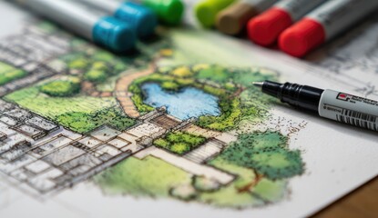 Naklejka premium Close-up of a landscape design sketch with colorful markers nearby, showing a pond, pathways, and greenery
