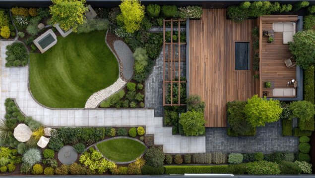 Bird's-eye view of a modern, landscaped backyard featuring a curved lawn, stone pathways, lush greenery, and a spacious wooden deck with seating