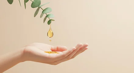 Fototapete Krankenhaus Eucalyptus branch with oil drop cascading into an open hand  © Philippova