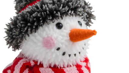 Adorable plush snowman with knitted hat and scarf on isolated background