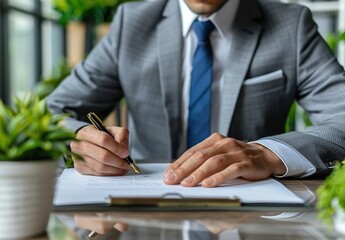 A scene of business professionals focusing on signing documents, suitable for corporate promotional posters, law firm brochures, workplace training materials, etc.
