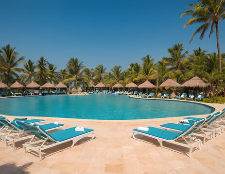 panoramic holiday landscape luxury beach poolside resort hotel swimming pool beach chairs beds umbrellas palm trees relax lifestyle blue sunny sky summer island seaside leisure travel vacation