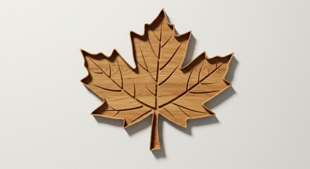 Fototapeta premium A meticulously rendered wooden maple leaf carving, with visible grain, sits centered on a plain white background, casting a subtle shadow