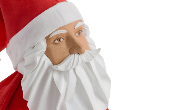 Closeup of santa claus figurine in traditional red and white attire on a isolated background
