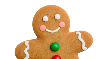 Smiling gingerbread man cookie with icing buttons and frosting on isolated background