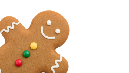Smiling gingerbread man cookie with colorful buttons on a clean isolated background