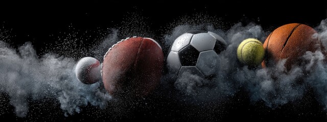 Five sports balls, baseball, football, soccer ball, tennis ball, and basketball, emerge from a gray smoke cloud against a black background