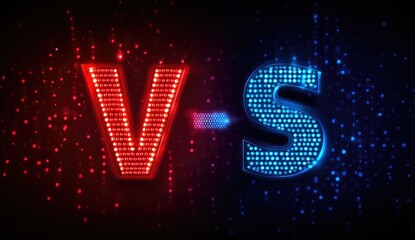 Glowing red and blue "V-S" letters on dark background, featuring sparkling light effects and a contrasting color scheme