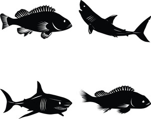A high-quality fishing vector silhouette set featuring various fish illustrations including sharks and bass. Perfect for marine-themed graphic design, logos, t-shirt prints, and outdoor fishing