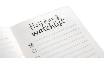 Holiday watchlist notebook with checkboxes for planning and organizing seasonal activities