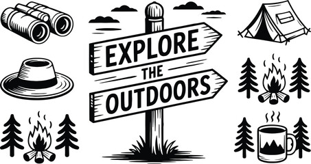 Explore The Outdoors" Wooden Sign Post with Vintage Engraved Camping & Adventure Icons - Tent, Bonfire, Binoculars, Hat, and Trees Line Art Set © sehrish