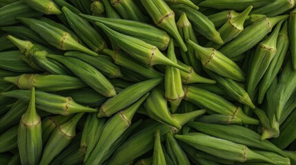 Fototapeta premium Freshly Harvested Green Okra Pods Displayed in a Plentiful Still Life