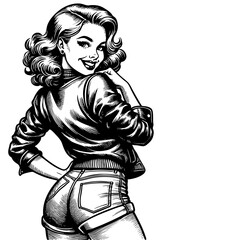 woman with short hair in cropped leather jacket and high-waisted shorts, striking a fierce pose sketch engraving generative ai fictional character PNG illustration. Scratch board. Black and white.